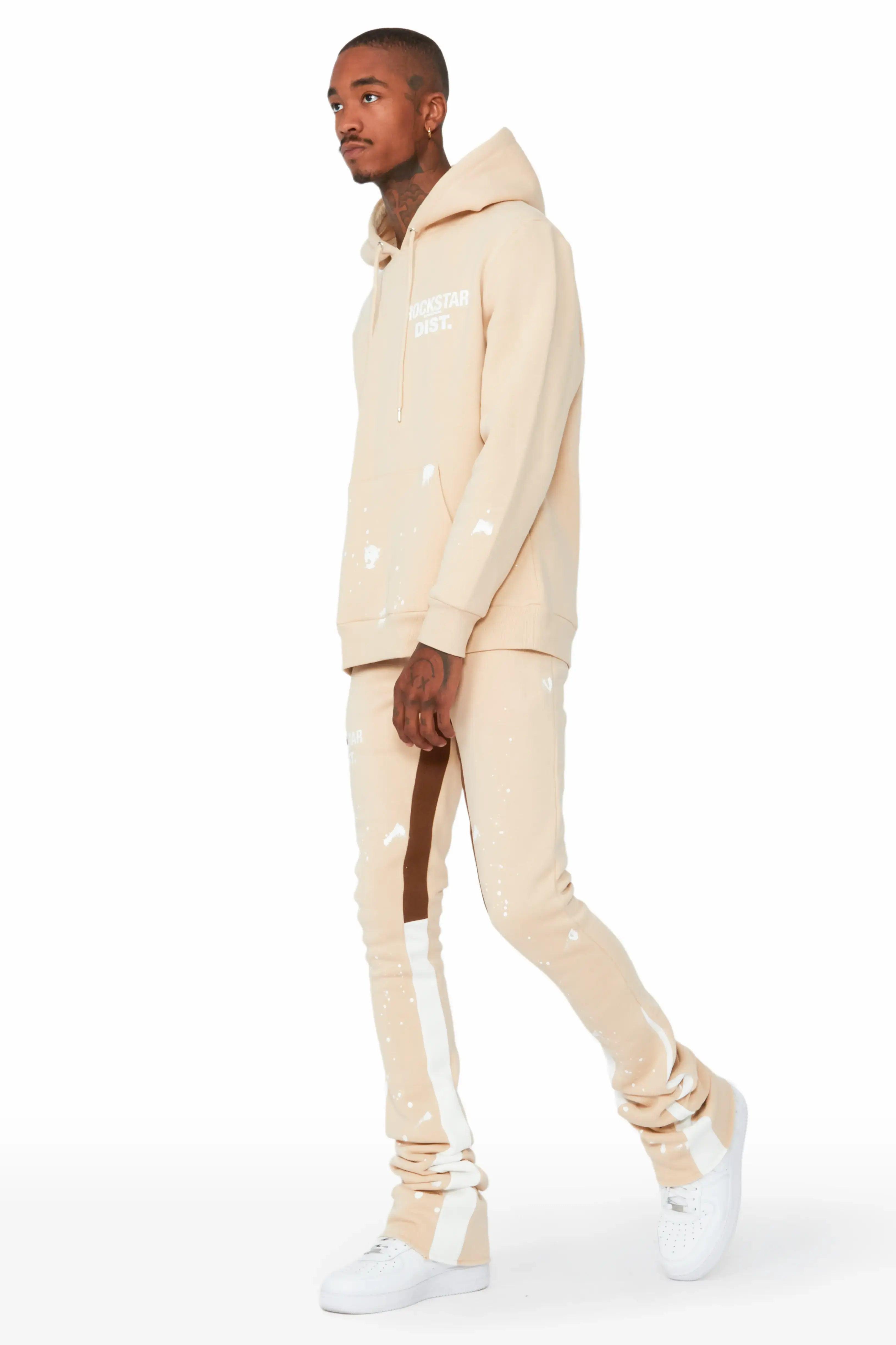 Raffer Beige/White Hoodie/Super Stacked Flare Pant Set Male Product Image