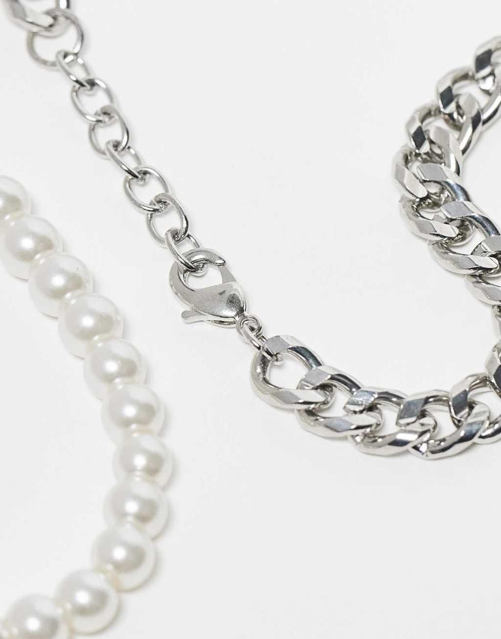 ASOS DESIGN 2 pack bracelet set with chain and 6mm faux pearl in silver tone Product Image