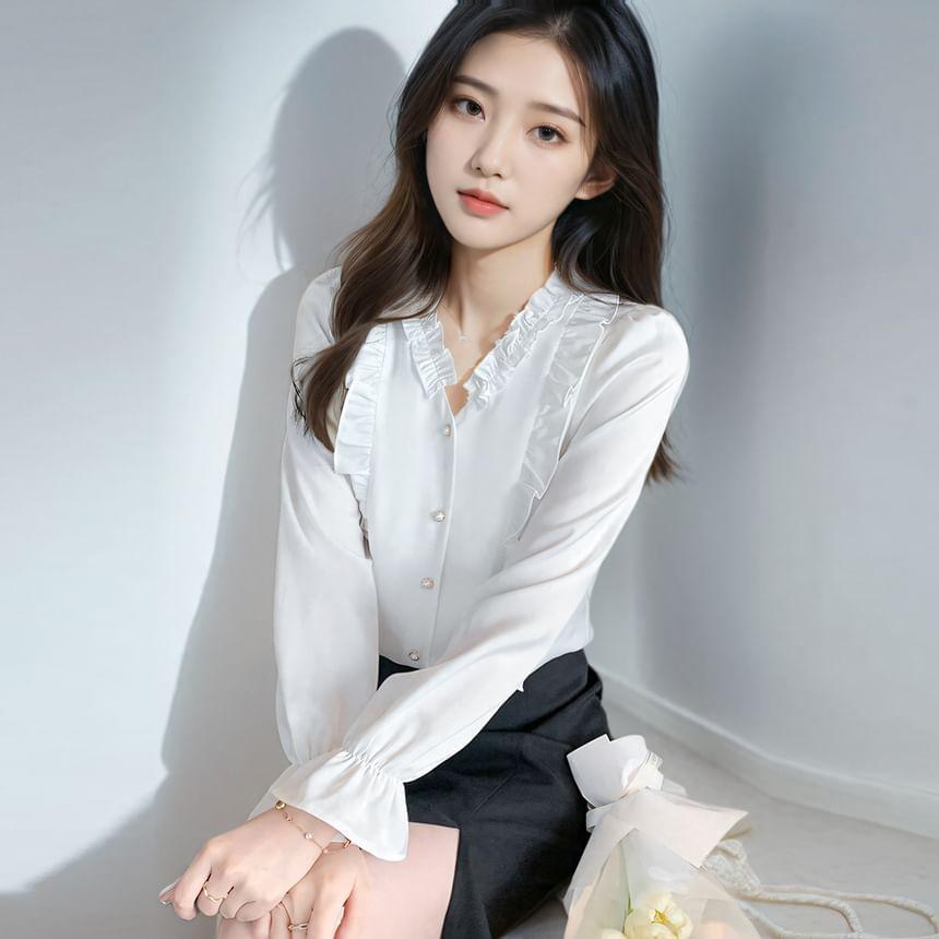 Long Sleeve V-Neck Ruffle Plain Button Blouse Product Image