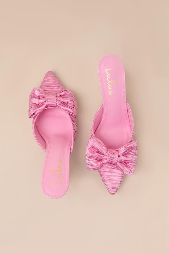 Bettanie Rose Pink Satin Textured Bow High Heel Mules Product Image