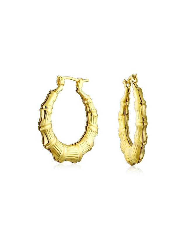 Light Weight Hollow Medium Bamboo Hoop Earrings For Women Gold Plated Brass For Women Teen Diameter 1.25 Inch Product Image