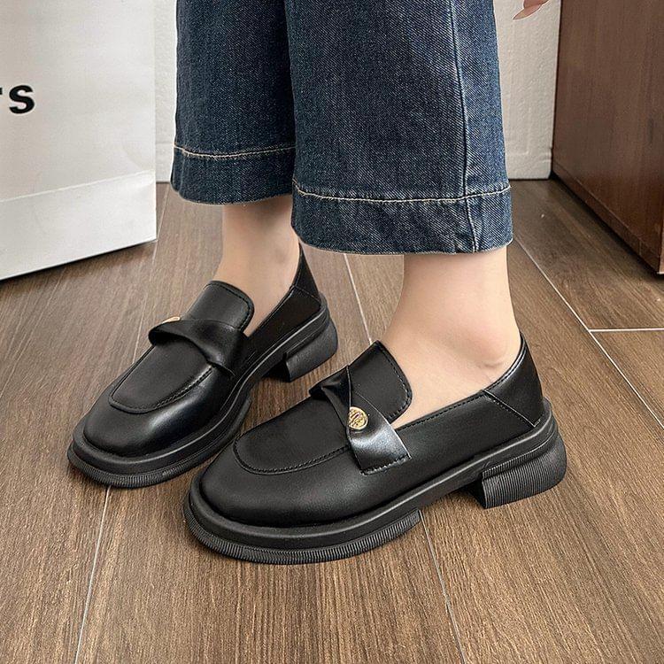 Platform Plain Metal Accent Faux Leather Loafers Product Image