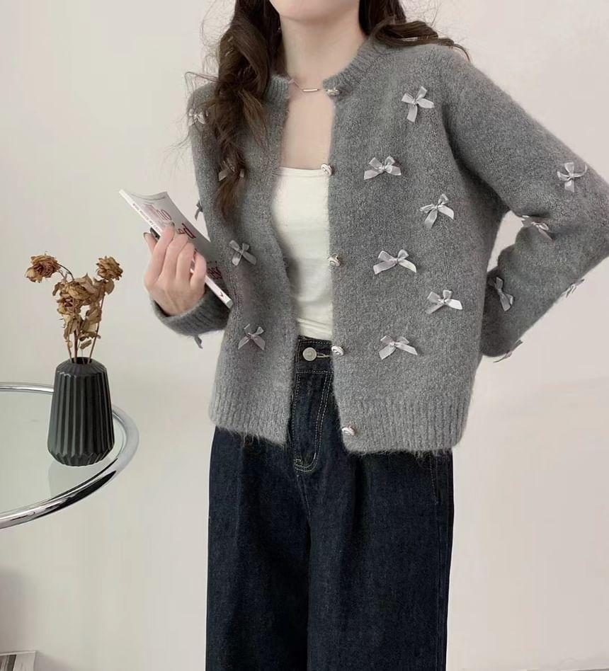 Round Neck Plain Fluffy Bowknot Button Up Cardigan Product Image