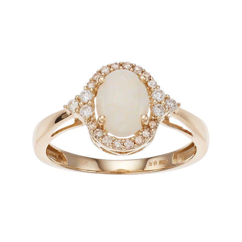 Gemminded 10k Gold Opal & 1/6 Carat T.W. Diamond Oval Halo Ring, Womens, White Product Image