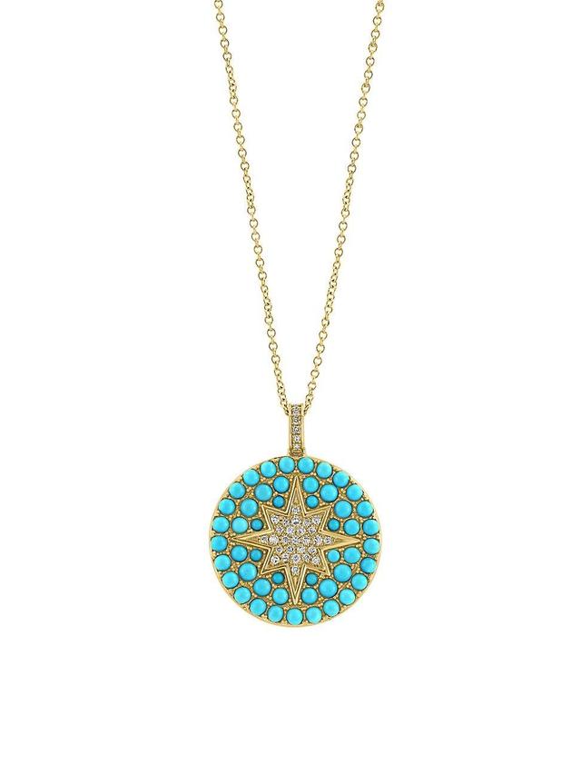 Womens 14K Yellow Gold, Diamond, & Turquoise Star Pendant Necklace Product Image