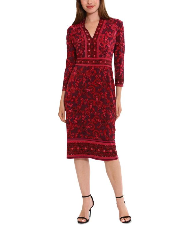 London Times Womens Placed Print 3/4-Sleeve Jersey Sheath Dress - Wine Product Image