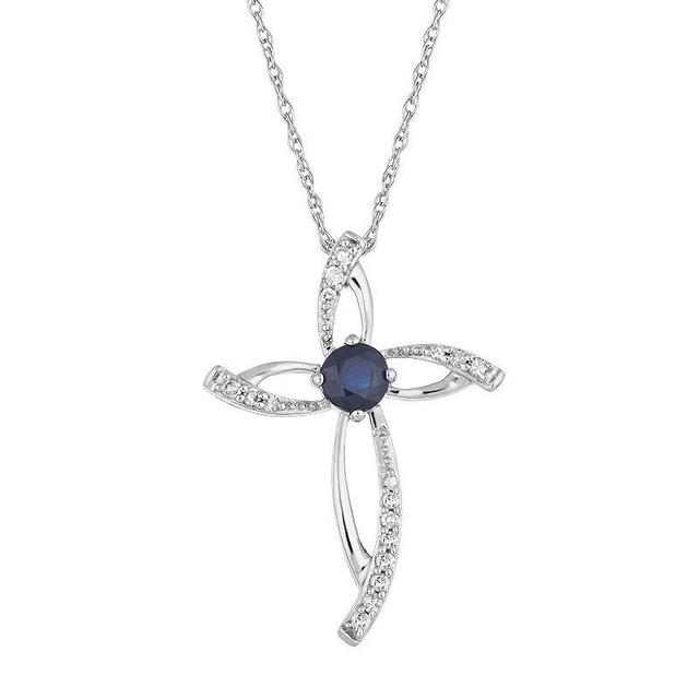 10k Gold Sapphire & 1/10 Carat T.W. Diamond Cross Pendant Necklace, Womens 10k Whgold Product Image