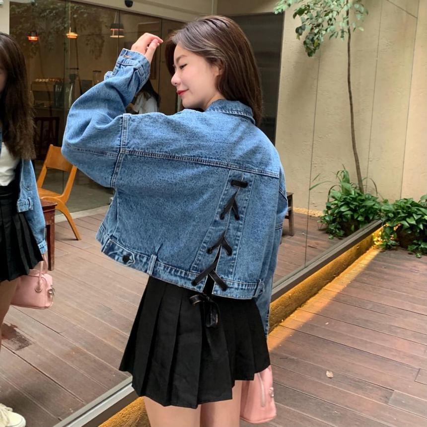 Collar Lace-Up Washed Denim Crop Button Jacket Product Image