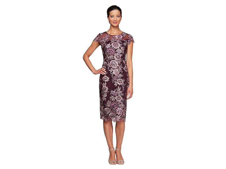 Alex Evenings Midi Length Embroidered Cap Sleeve Dress with Illusion Neckline and Scallop Detail Hem (Plum) Women's Dress Product Image