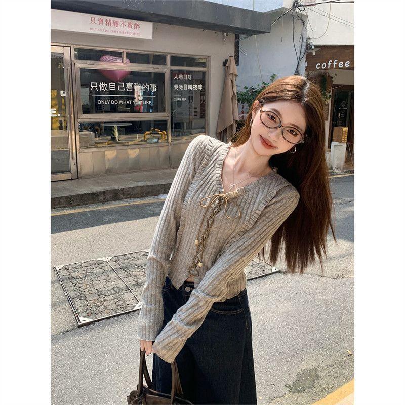 Long Sleeve V-Neck Melange Frill Lace Up Ribbed Top Product Image