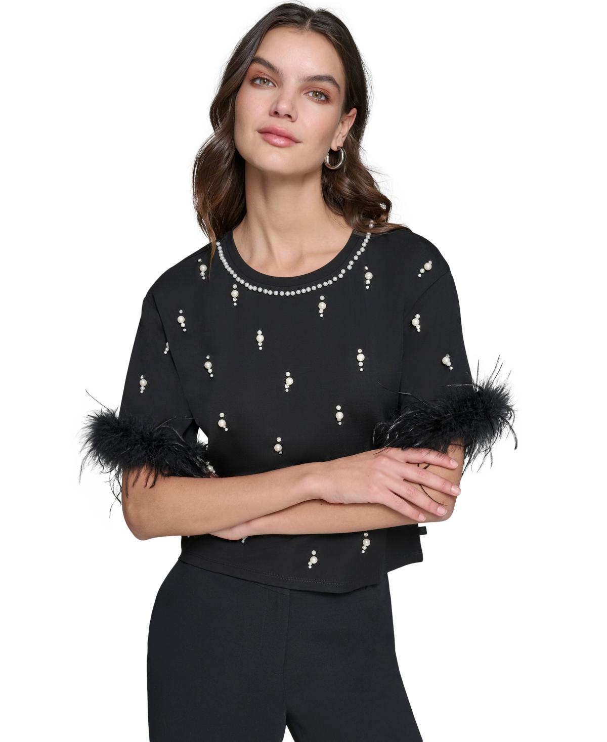 Karl Lagerfeld Paris Womens Faux-Pearl Feather-Trim Top product image