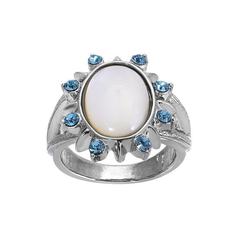 1928 Silver Tone Mother Of Pearl and Aqua Stone Ring, Womens, White Product Image