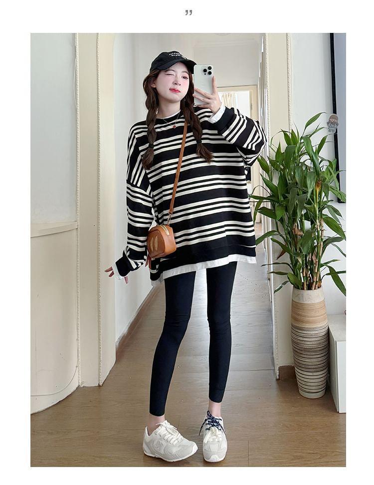 Maternity Round Neck Striped Oversized Sweatshirt Product Image