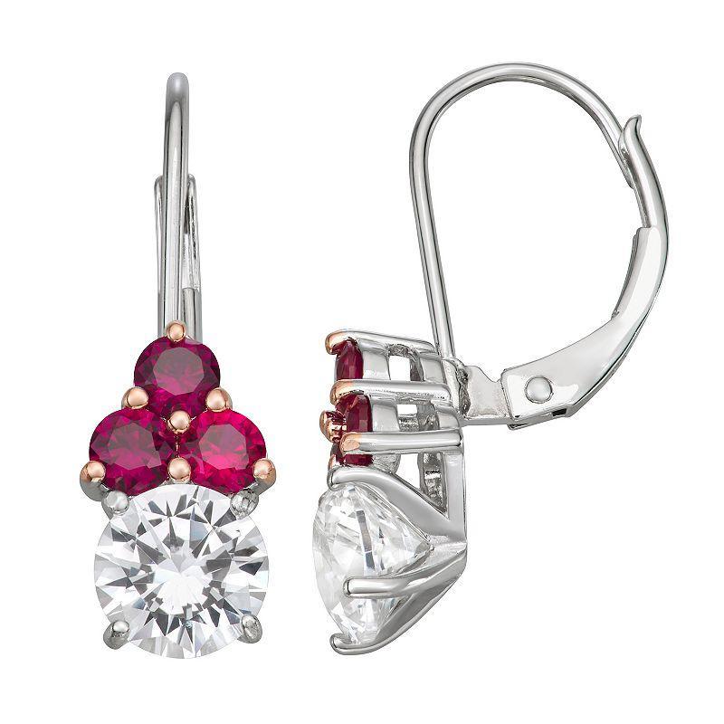 Sterling Silver Lab-Created White Sapphire & Lab-Created Ruby Leverback Earrings, Womens, Red Product Image