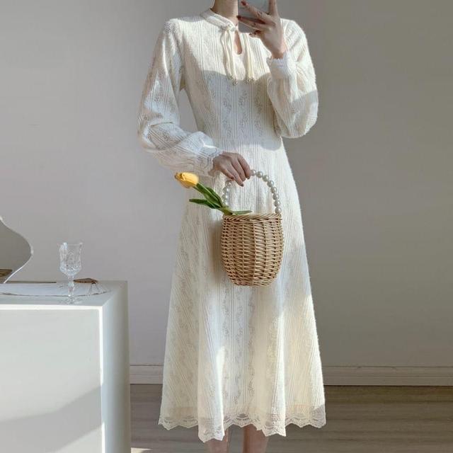 Long-Sleeve Lace Maxi A-Line Dress Product Image