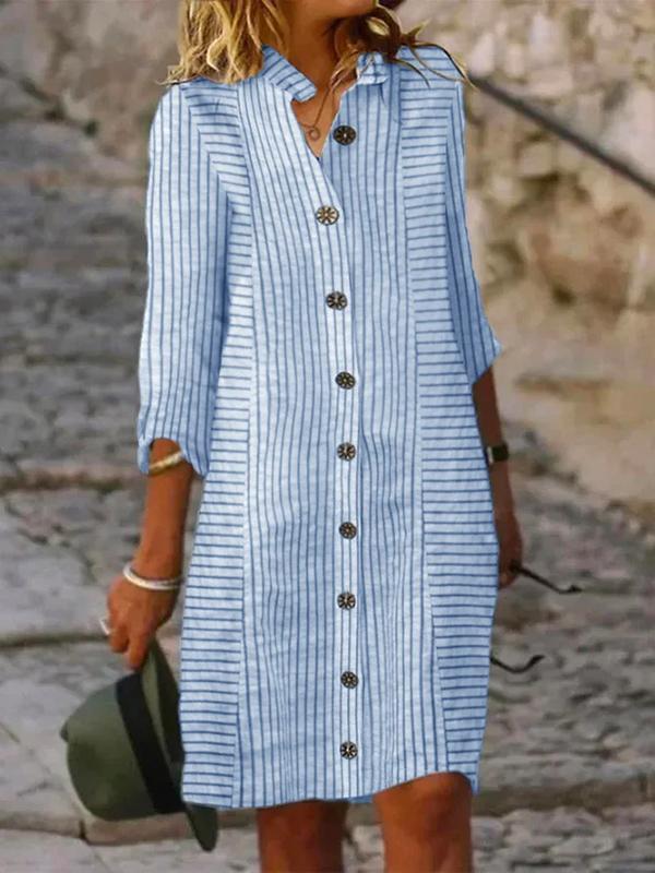 Long Sleeves Buttoned Striped V-Neck Midi Dresses Product Image