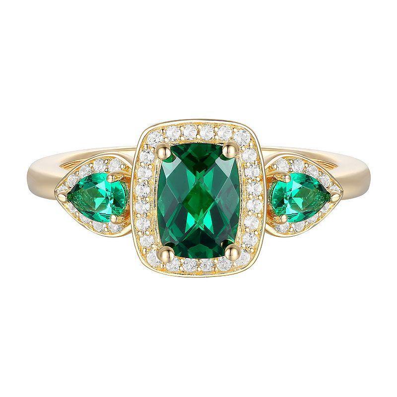 14k Gold Over Silver Lab-Created Emerald & Lab-Created White Sapphire Halo Ring, Womens Yellow Product Image