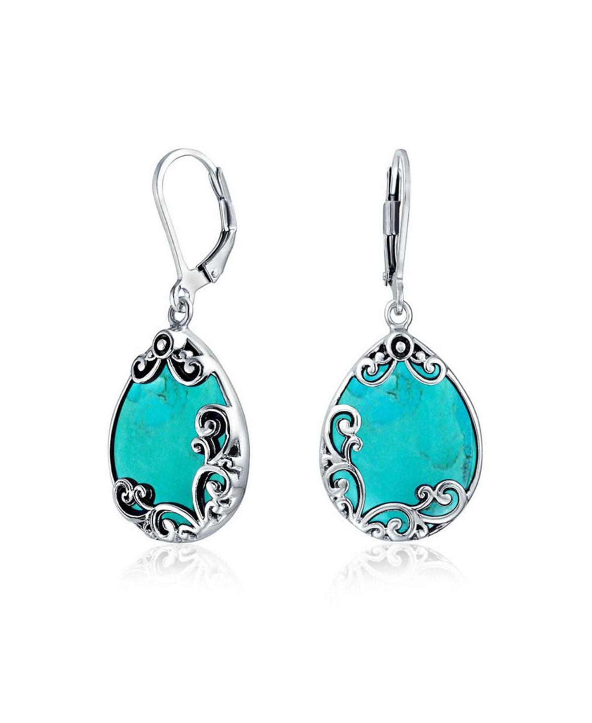 Bling Jewelry Western Style Teardrop Scroll Filigree Scroll Natural Stabilized Turquoise Lever Back Dangle Earrings For Women Sterling Silver - Aqua t Product Image