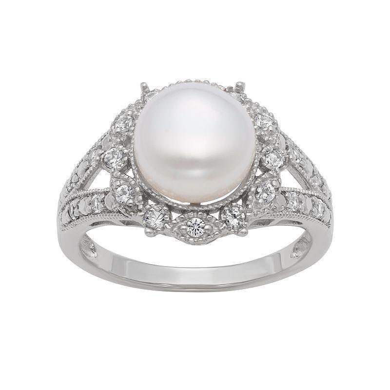 Sterling Silver Freshwater Cultured Pearl and Lab-Created White Sapphire Ring, Womens Product Image