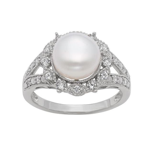 Sterling Silver Freshwater Cultured Pearl and Lab-Created White Sapphire Ring, Womens Product Image