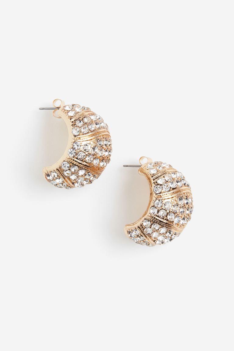 H & M - Wide Rhinestone Earrings - Gold Product Image