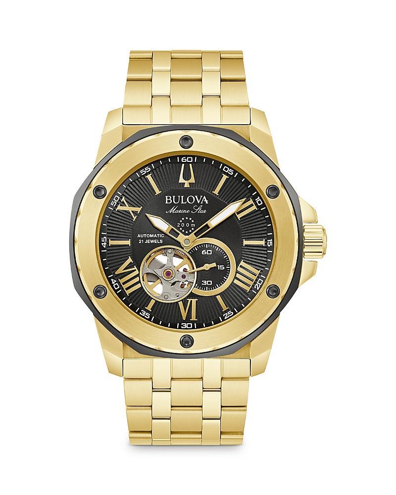 Men's Bulova Marine Star Gold-Tone Automatic Watch with Black Skeleton Dial (Model: 97A174) Product Image