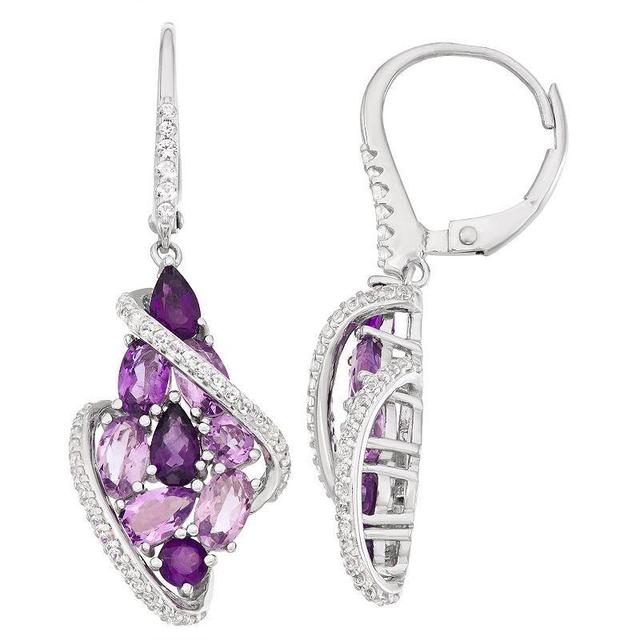 Sterling Silver Amethyst & Lab-Created White Sapphire Cluster Floral Earrings, Womens, Purple Product Image