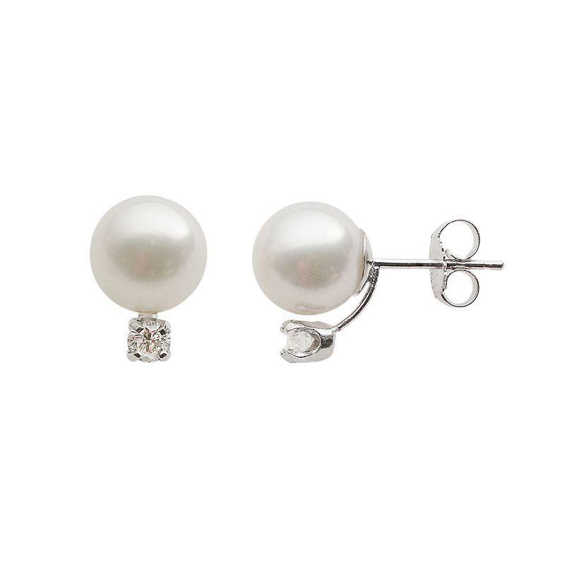 18k White Gold AA Akoya Cultured Pearl and 1/5-ct. T.W. Diamond Stud Earrings (8-8.5 mm), Womens Product Image