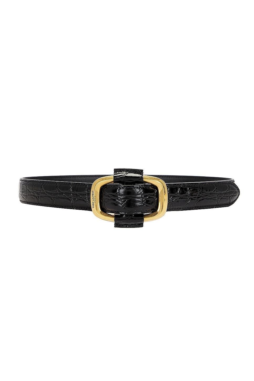 Saint Laurent Croc Embossed Oval Buckle Belt in Black Product Image