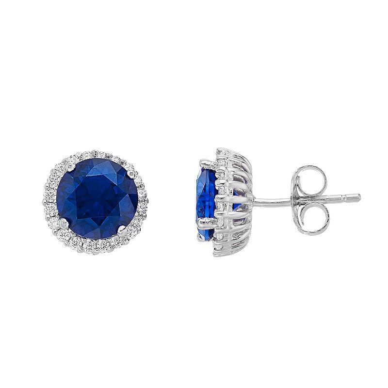 Rosabella Sterling Silver Blue & White Cubic Zirconia Round Halo Stud Earrings, Womens Product Image