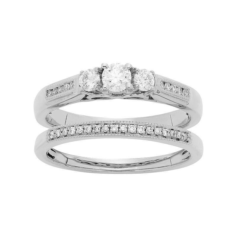 The Regal Collection 14k White Gold 1/2 Carat T.W. IGL Certified Diamond 3-Stone Engagement Ring Set, Womens Product Image