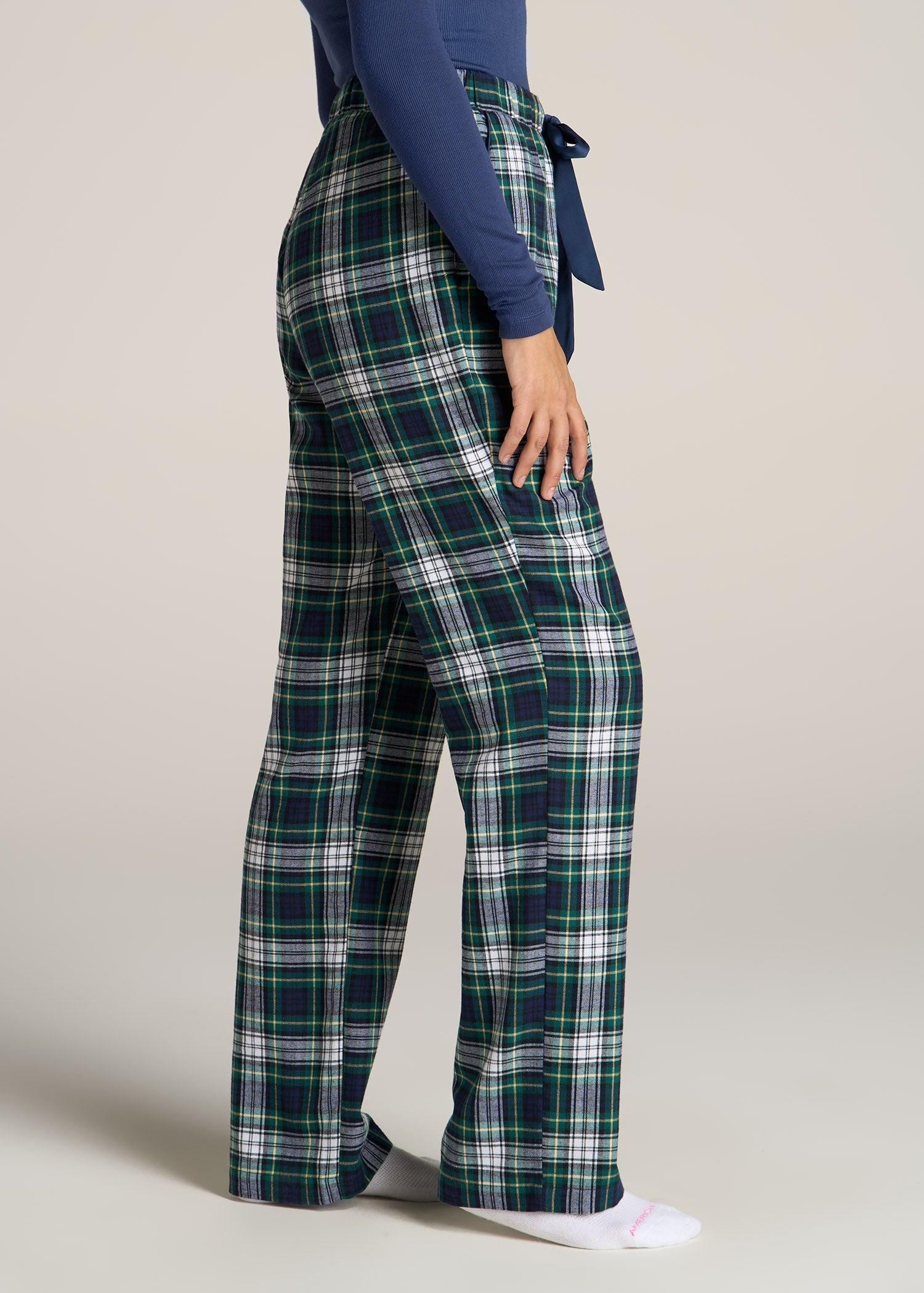 Open-Bottom Flannel Women's Tall Pajama Pants in Green and Navy Tartan Female Product Image