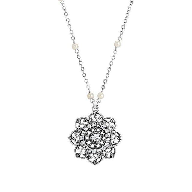 1928 Silver Tone Flower Simulated Crystal Necklace, Womens, White Product Image