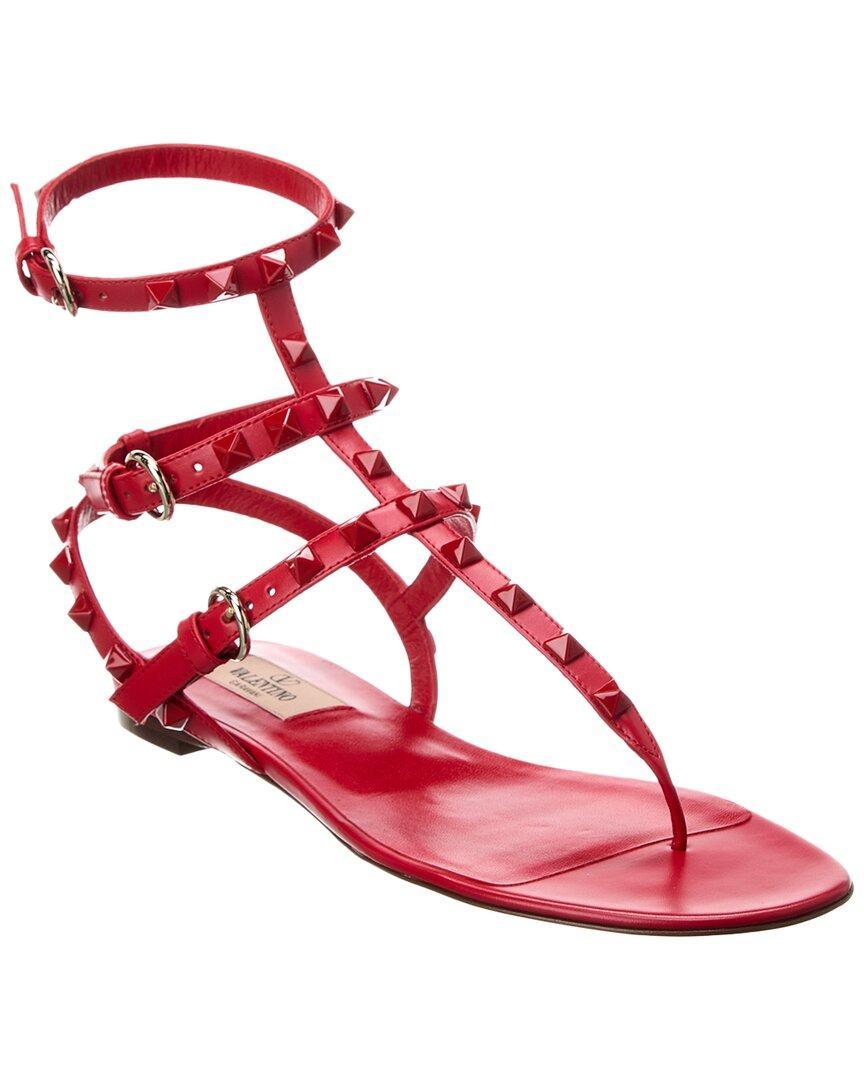 Valentino Rockstud Caged Leather Ankle Strap Sandal In Red Product Image