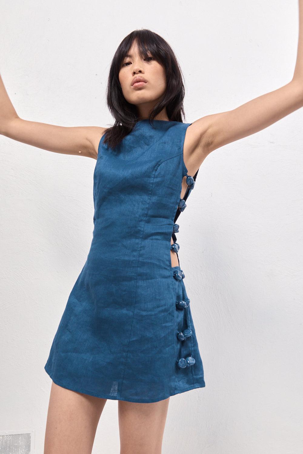 Tia Linen Mini Dress Navy Product Image