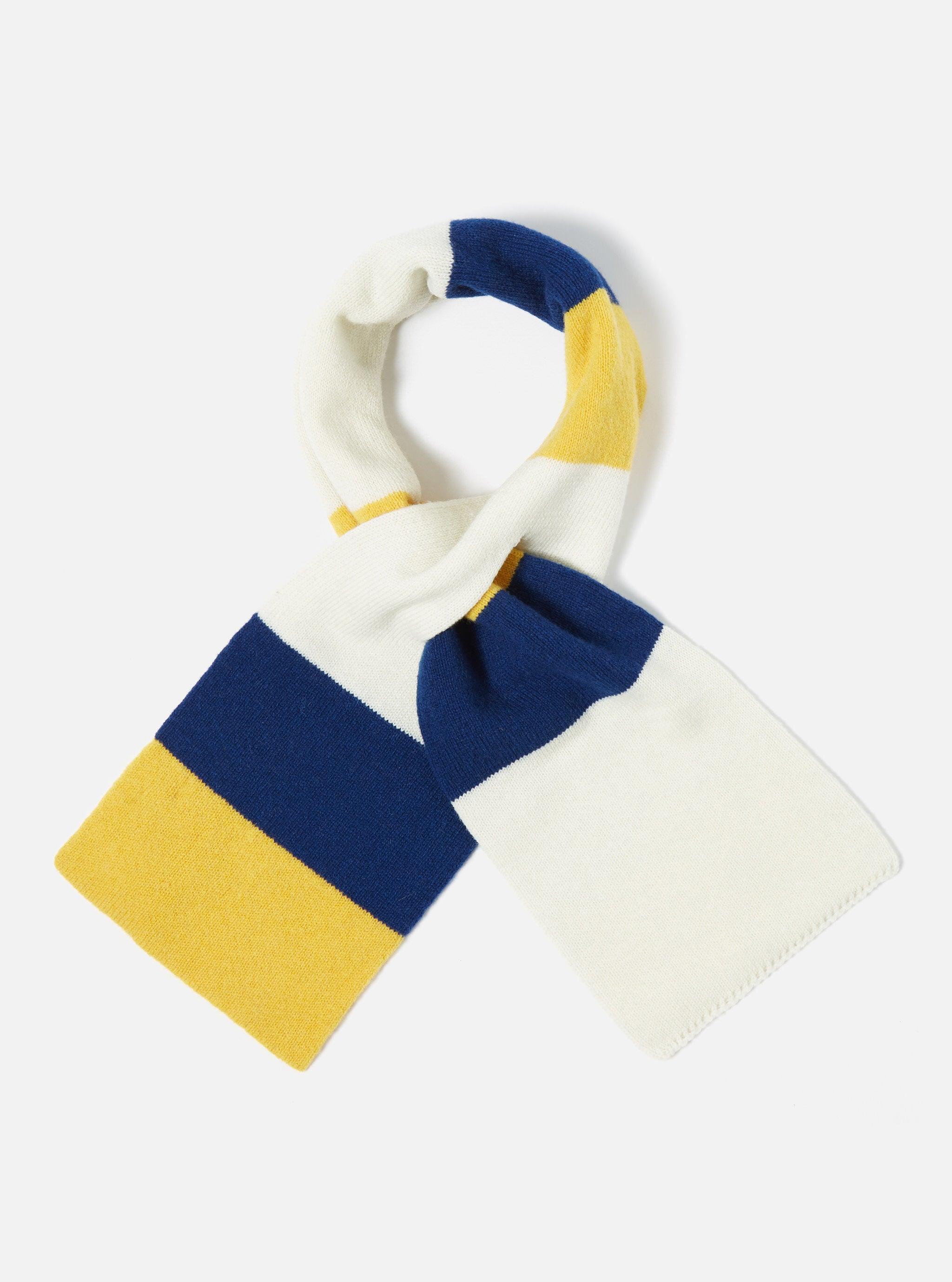 Universal Works Deluxe Football Scarf in Ecru/Yellow/Blue Soft Wool Product Image