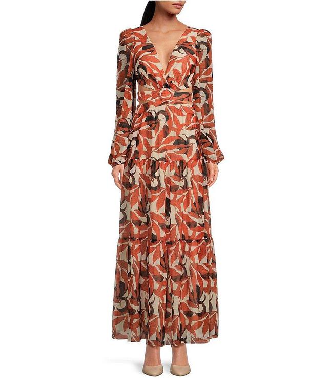 Gianni Bini Lillian Copper Palm Print Long Sleeve Deep V-Neck Cut-Out Tiered Maxi Dress Product Image