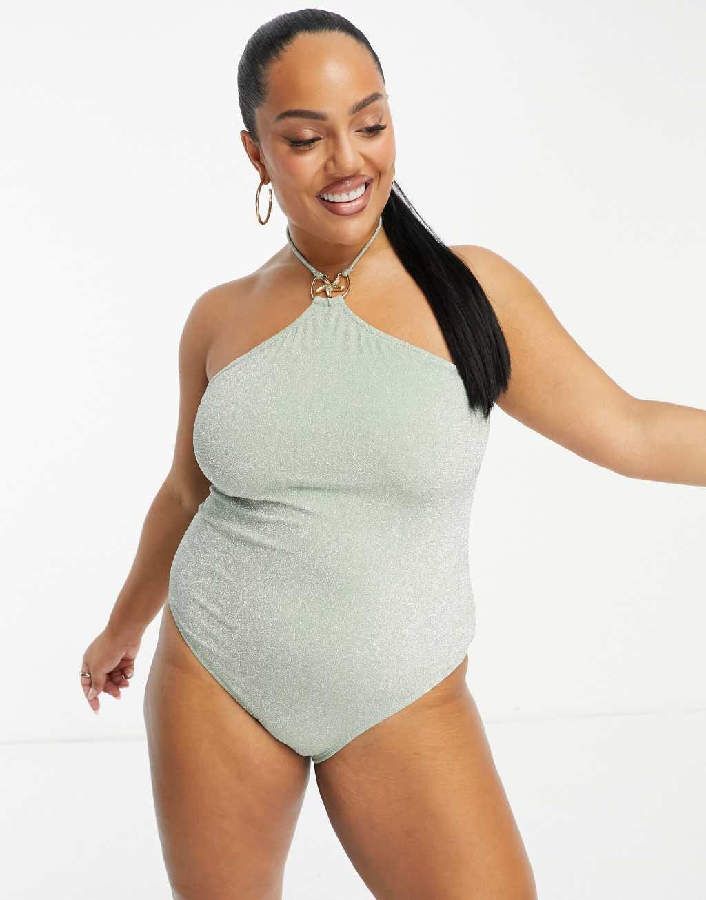 South Beach Curve starfish halter swimsuit in sage green glitter Product Image