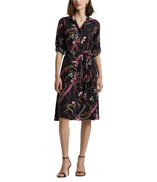 Lauren Ralph Lauren Equestrian-Inspired Crepe de Chine Roll-Tab Sleeve Button Front Tie Waist Shirt Dress Product Image