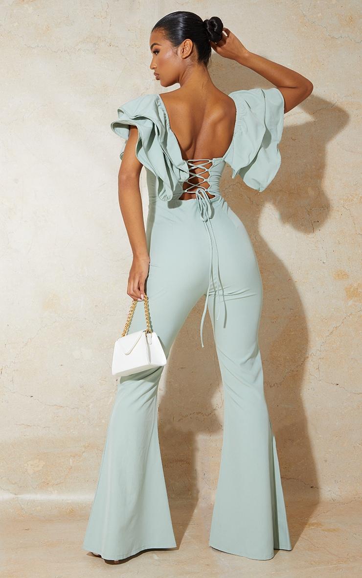 Sage Green Lace Back Frill Sleeve Jumpsuit Product Image