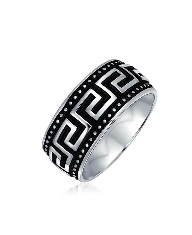 Bling Jewelry Couples Geometric Greek Key Design Textured Wedding Band Ring For Men Black Silver Two Tone .925 Sterling Silver 9MM Wide Product Image