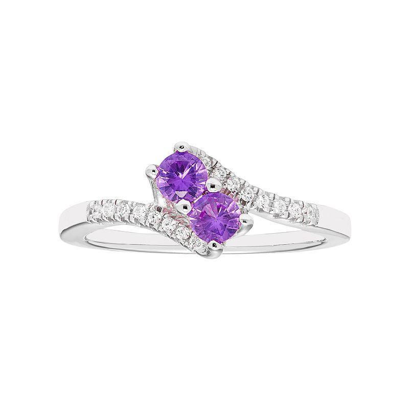 Sterling Silver Amethyst Two Stone & Diamond Accent Bypass Ring, Womens Purple Product Image