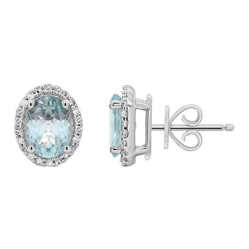 Sterling Silver Oval Aquamarine 1/5 Carat T.W. Diamond Halo Stud Earrings, Womens, Blue Product Image