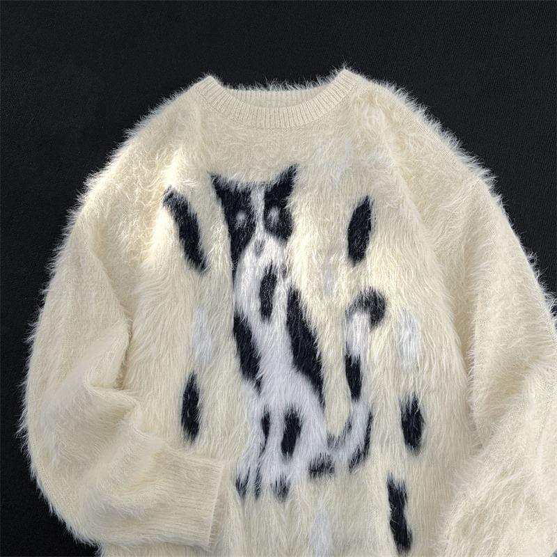 Crew Neck Patterned Fluffy Sweater Product Image