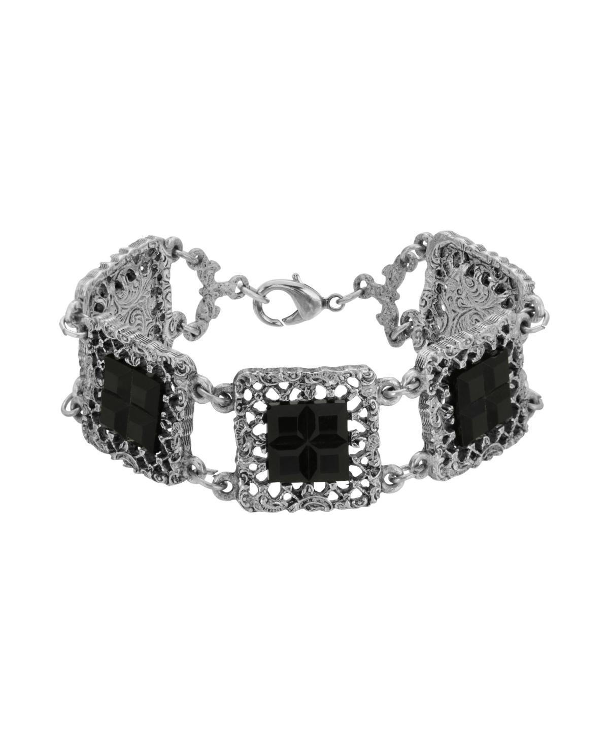 1928 Silver Tone Black Crystal Square Link Bracelet, Womens Product Image