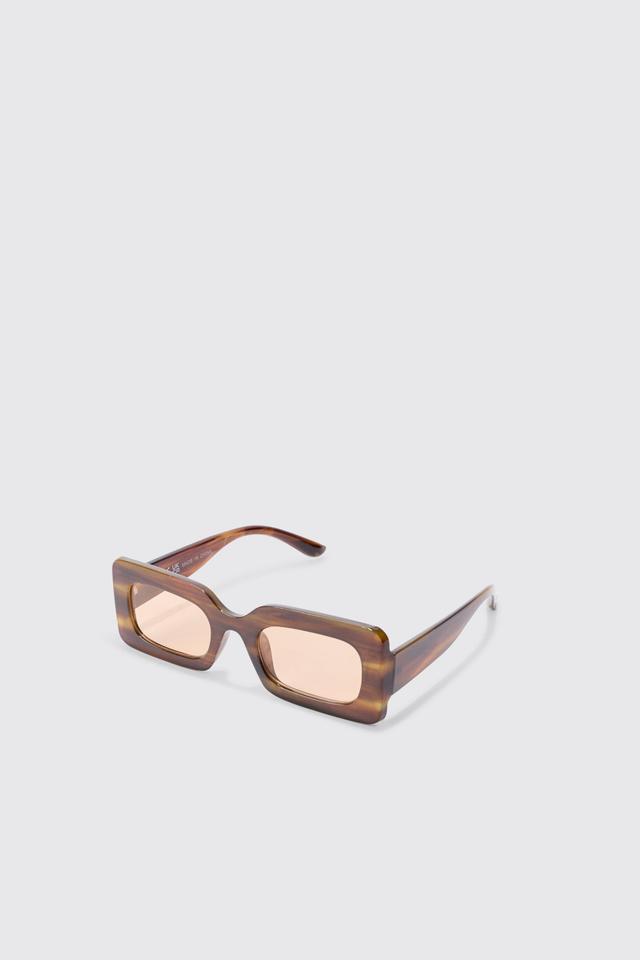 Rectangular Abstract Resin Rectangular Sunglasses In Brown | boohooMAN USA Product Image