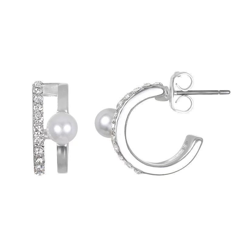 Emberly Silver Tone Simulated Pearl & Pave 2 Row Hoop Earrings, Womens Product Image