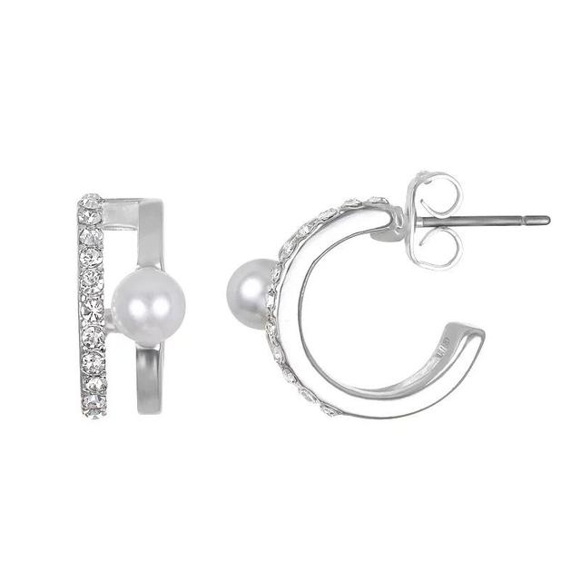 Emberly Silver Tone Simulated Pearl & Pave 2 Row Hoop Earrings, Womens Product Image