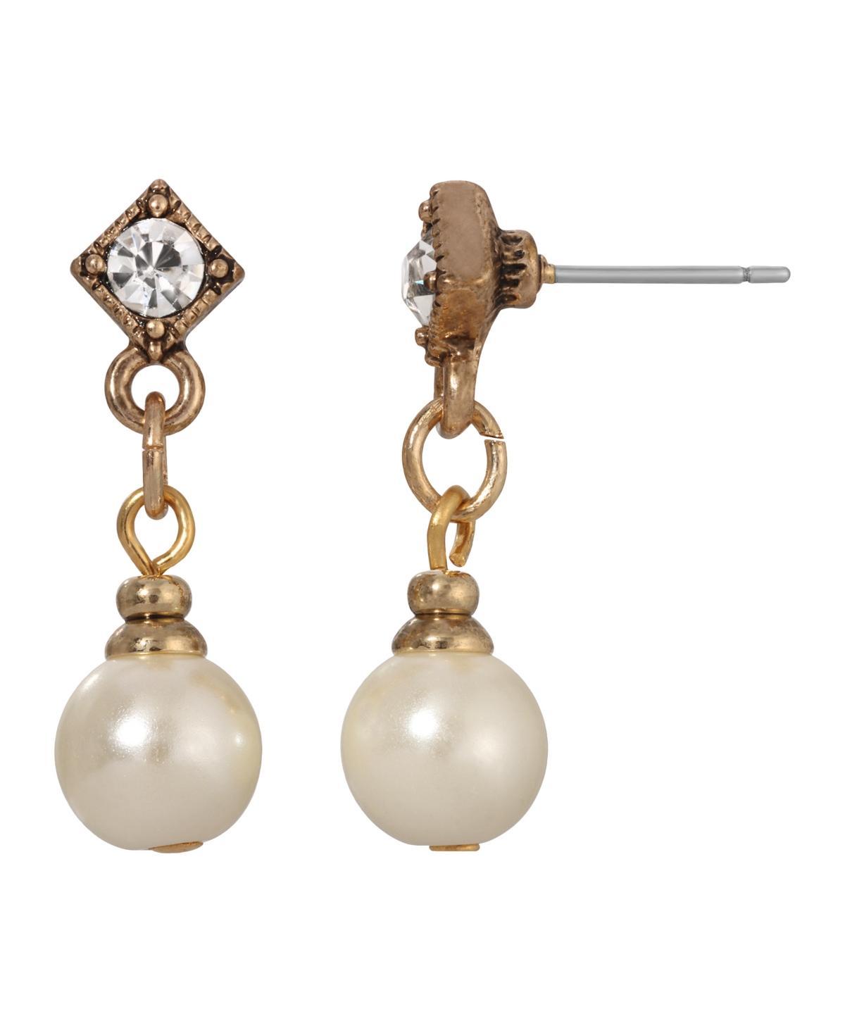 1928 Gold Tone Simulated Pearl Crystal Accent Drop Earrings, Womens, White Product Image