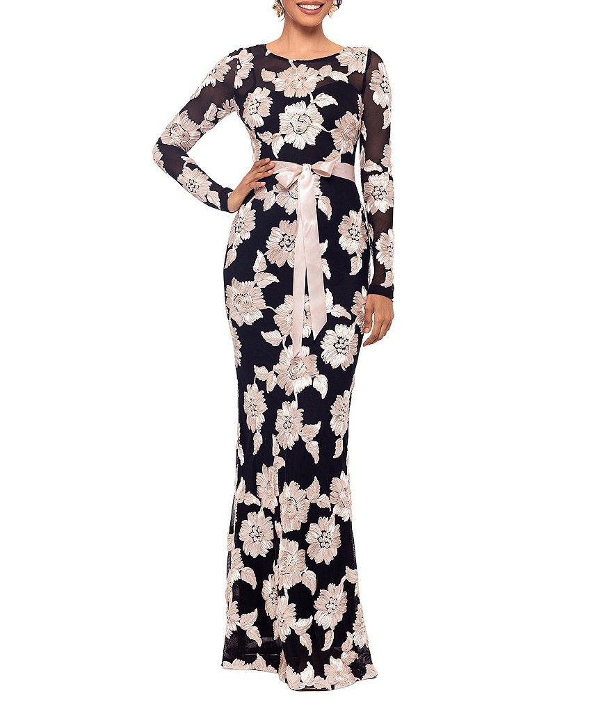 Betsy & Adam Floral Embroidered Mesh Jewel Neck Long Sleeve Tie Waist Gown Product Image